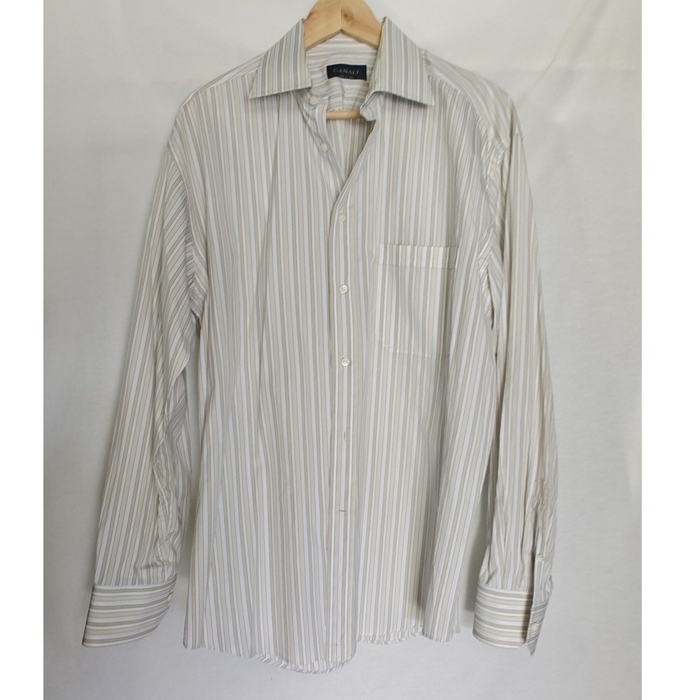 Canali‎ Dress Shirt White Cream Stripes Button Front Made in Italy Cotton 16.5